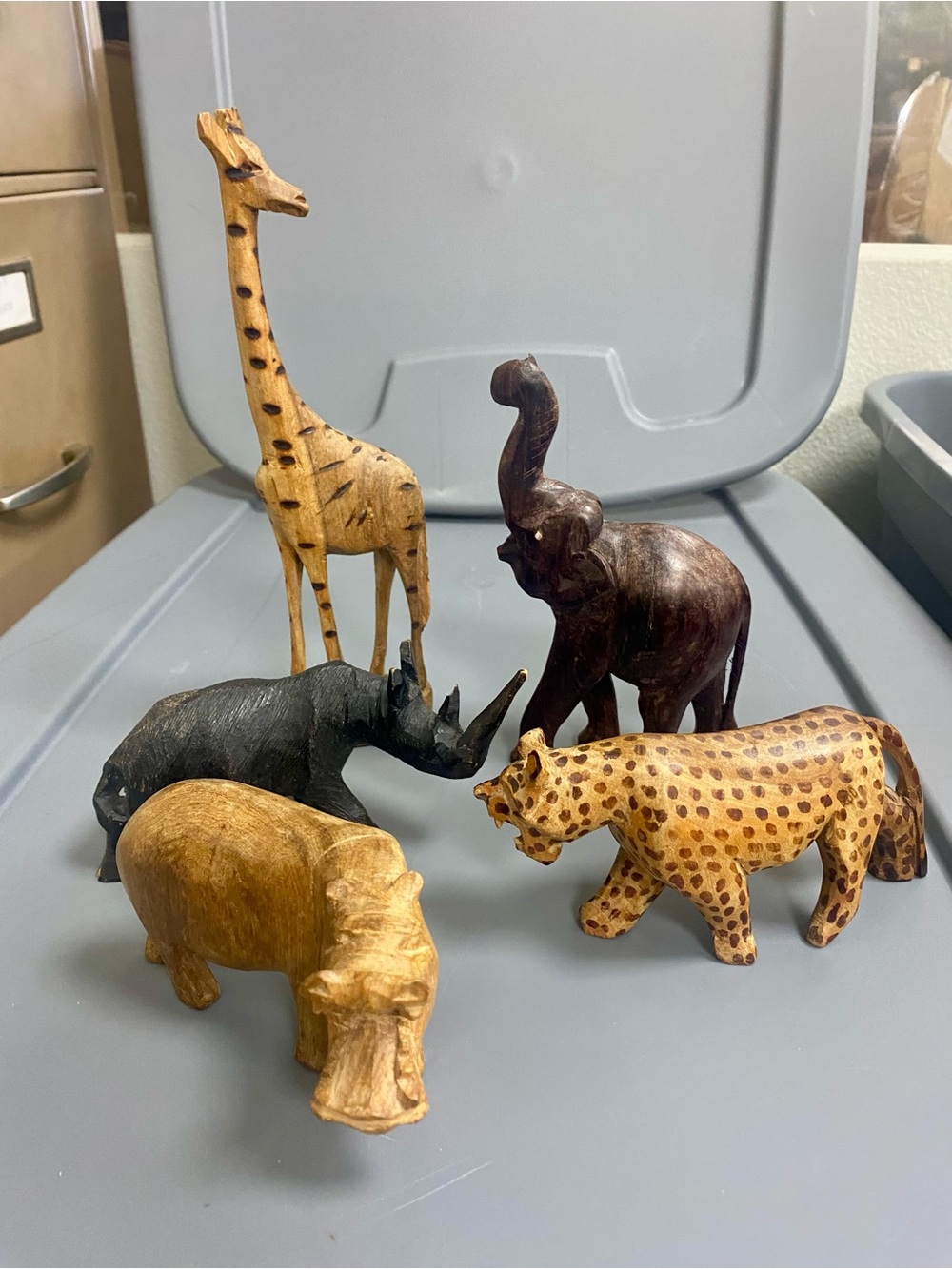 Set Of 5 Hand Carved Wooden Safari Theme Animals Wildlife Nature Kenya Africa